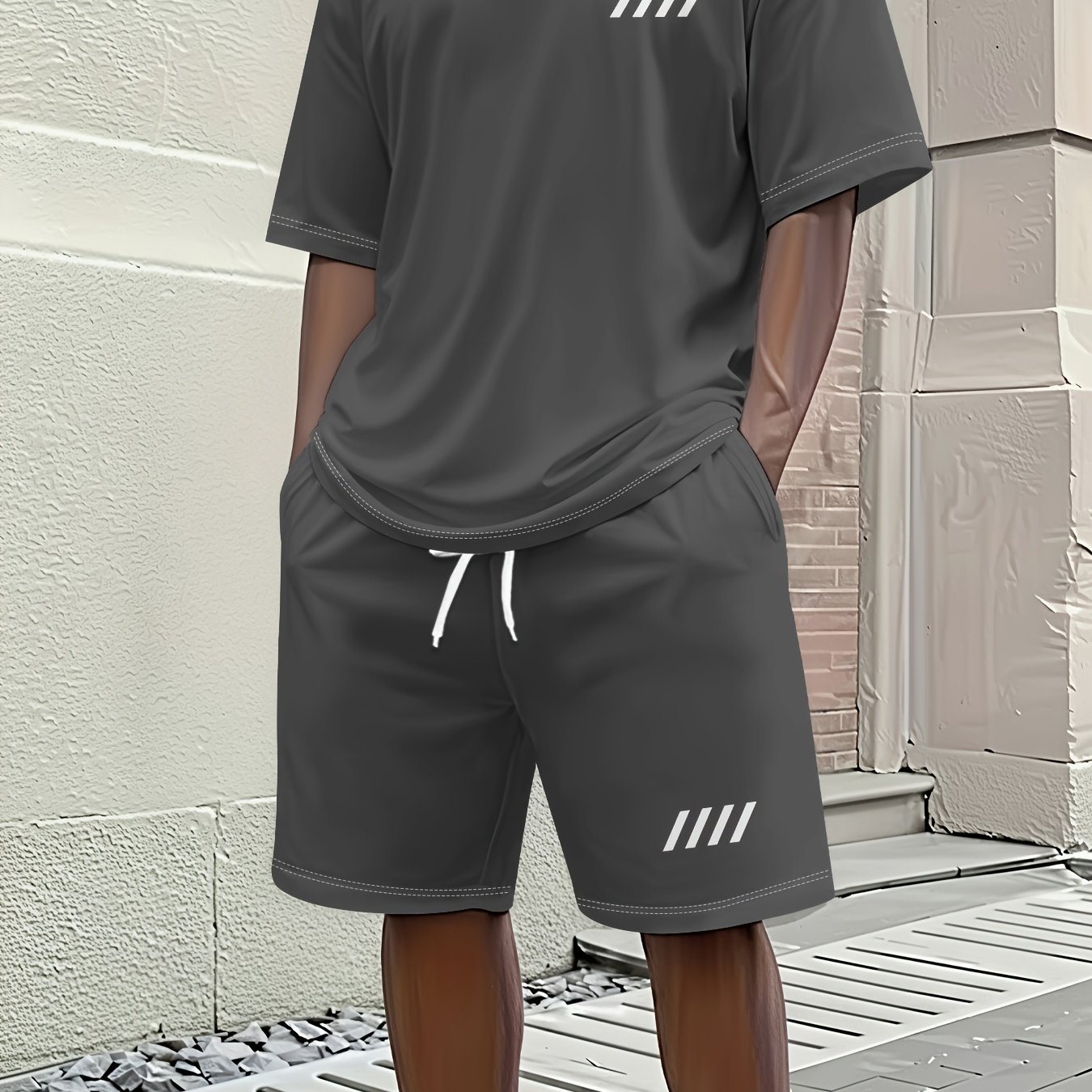 TEMU Men's Spring/summer Casual Short-sleeve Set, Four-stripe Minimalist Print Short-sleeve Set, Trendy Short-sleeve And Shorts Set, Vacation-style