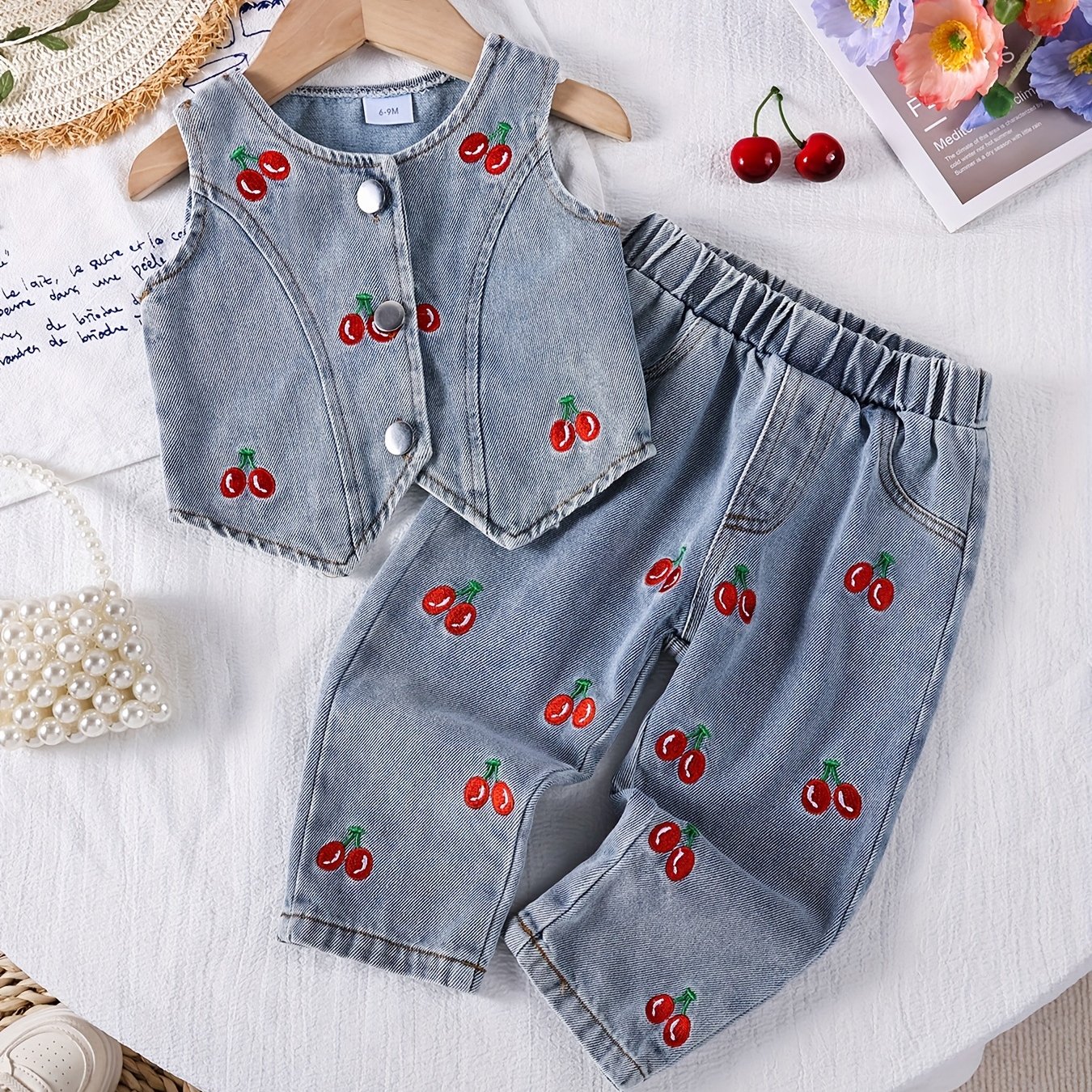 Image of 2pcs Girls' Casual Fashion Cherry Embroidery Washed Denim Vest And Loose Jeans Set For Spring/summer, Perfect For Outdoor