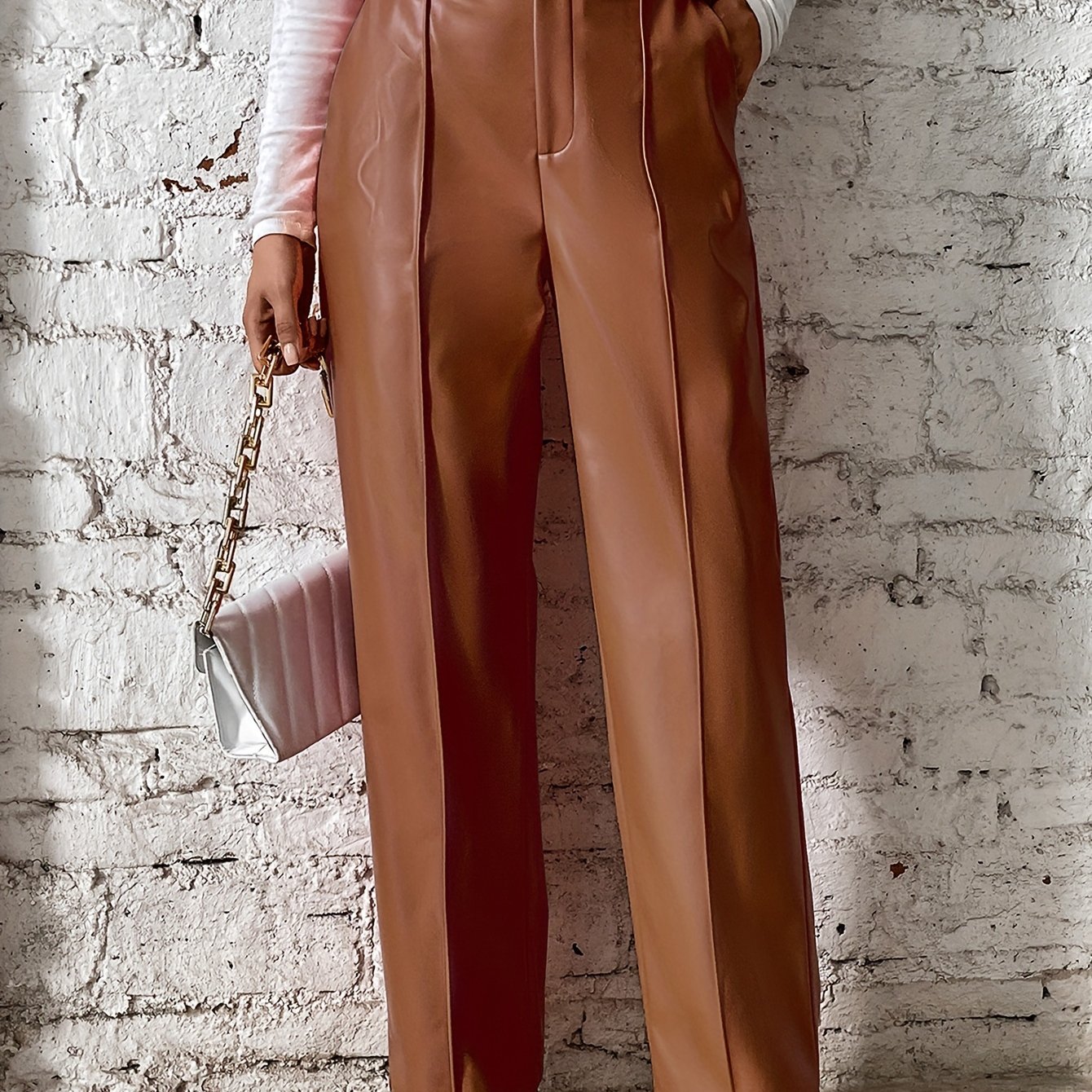 Faux Leather Straight Leg Pants Casual High Waist Slim Pants - Temu