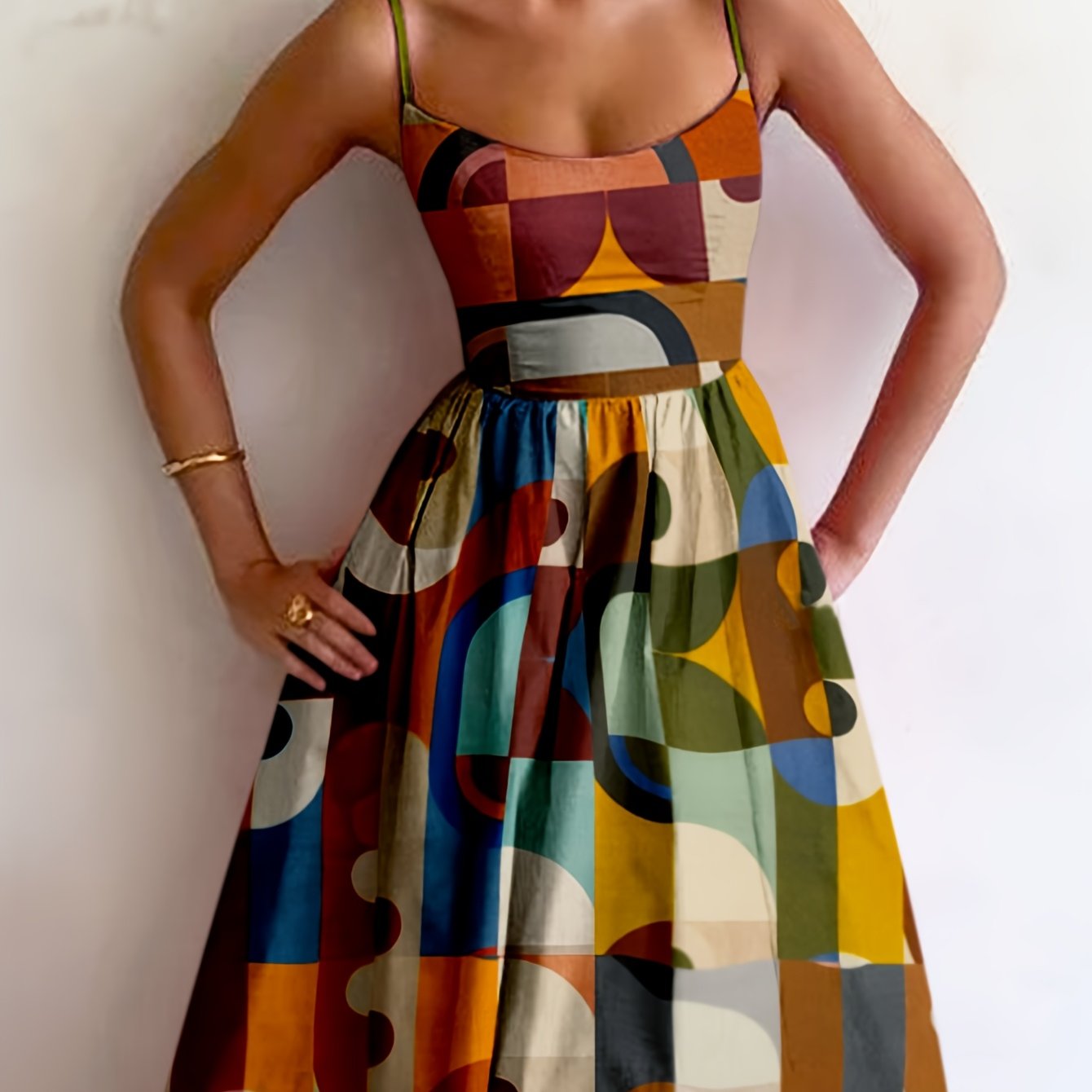 TEMU 2025 Colorful Retro Geometric Print Camisole Dress, Sweet And , Elegant Bohemian , Adjustable Thin Straps, Sleeveless Mid-length Dress Perfect For The Beach, Unique And Gift Dress For Beachwear