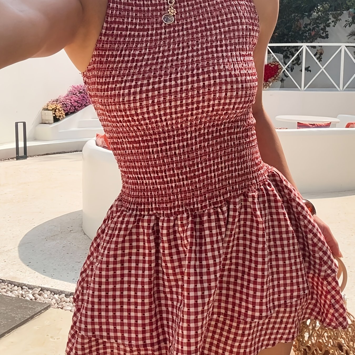 TEMU Jupe parapluie à carreaux manches, coupe ajustée et multicouches pour femme, une robe courte et . Convient pour les vacances, les quotidiens, ,