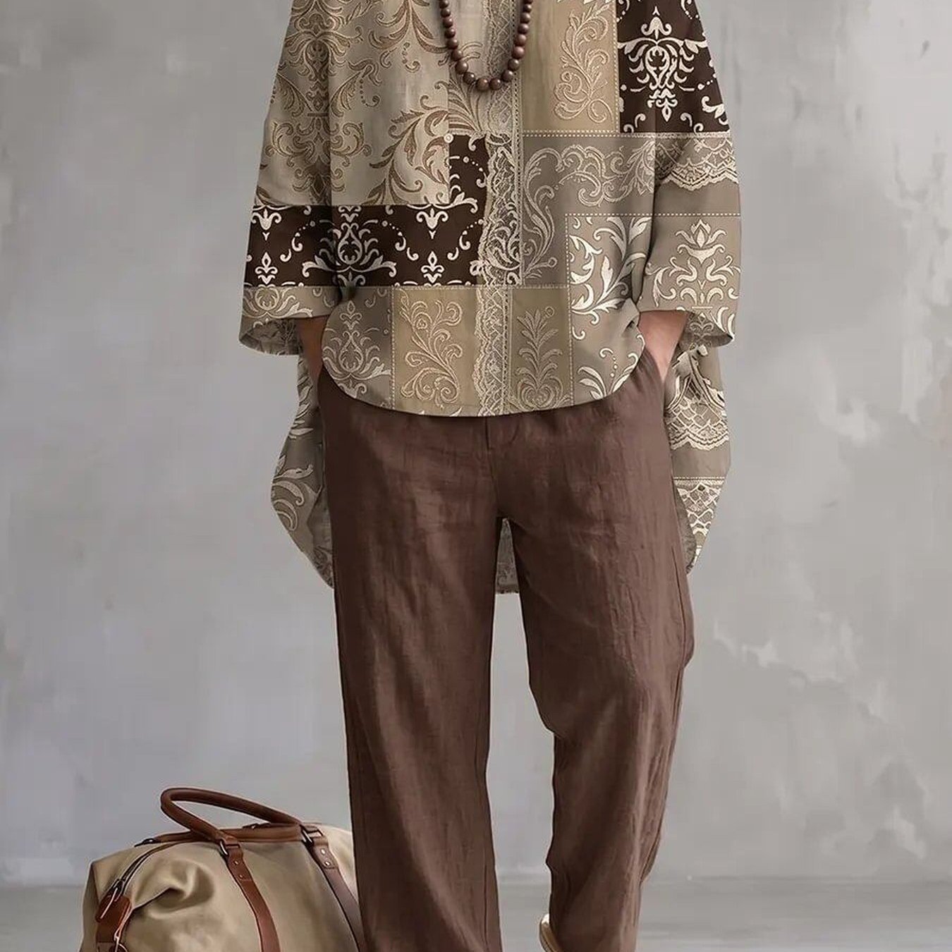 Men's Irregular-cut Top & Casual Pants - Geometric Print Pattern (no Embroidery). Ideal For Casual , Featuring Crew Neck And Lightweight Breathable Fabric