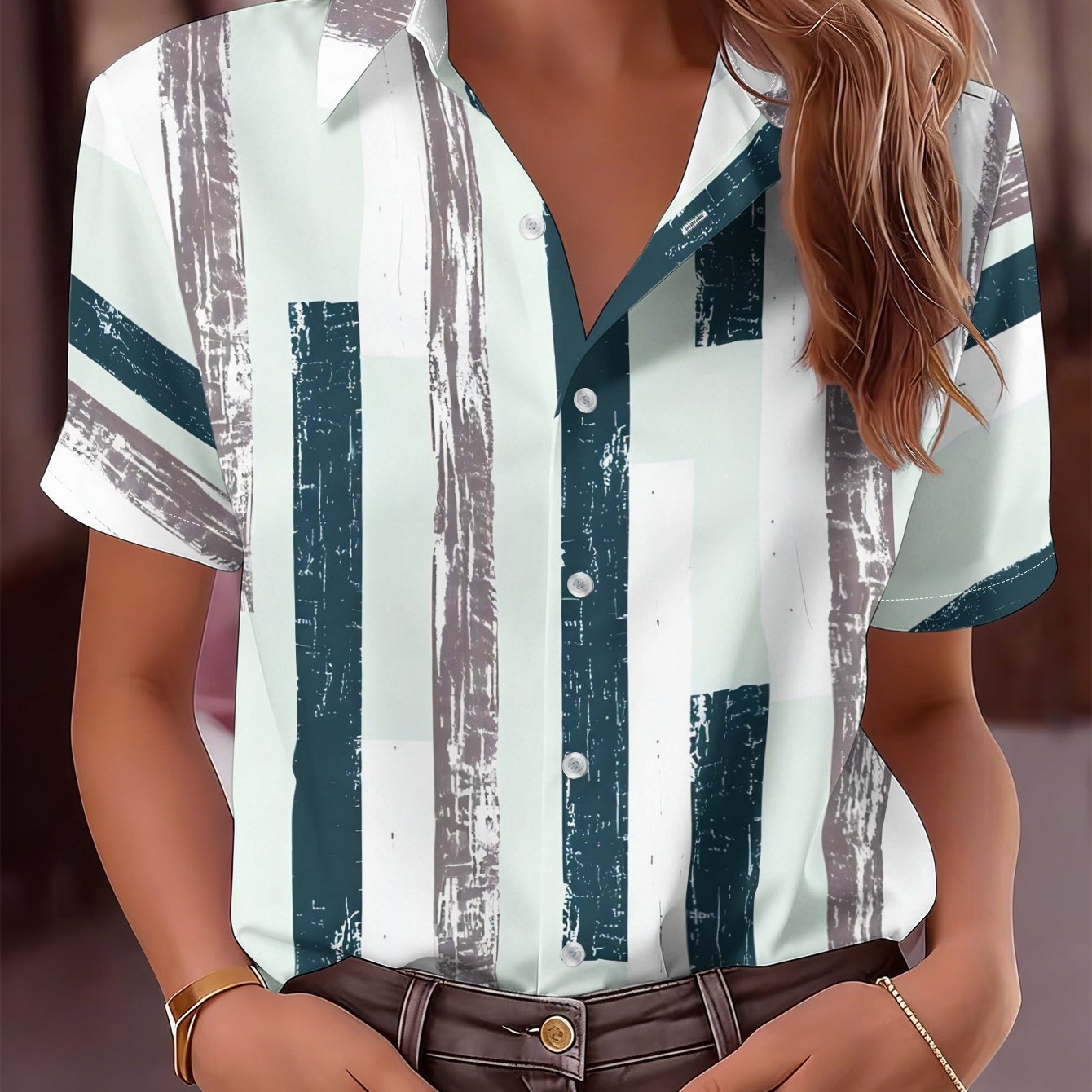 TEMU 2026 New Women's Short-sleeve Shirt, Vintage Abstract Striped Print Top, Fashionable Casual Everyday Commuter Versatile Blouse, Machine Washable