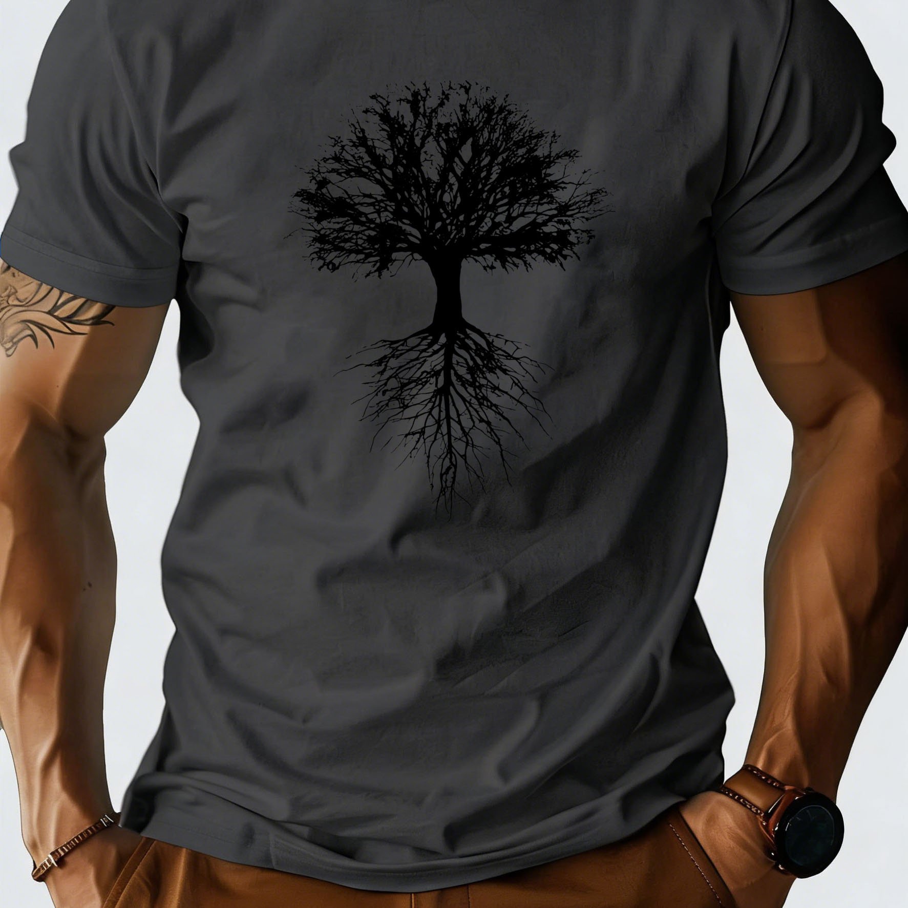 TEMU Men's Tree Of Silhouette Print Polyester T-shirt, Summer Quick-dry Breathable Slim Fit Round Neck Everyday Versatile Casual Short Sleeve Top