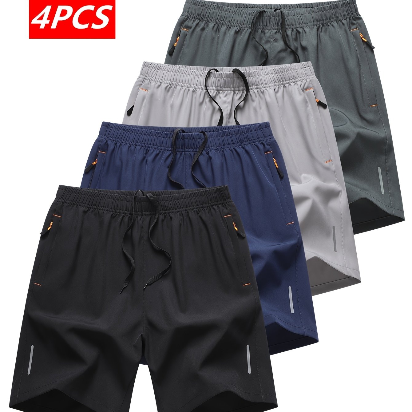 TEMU 4pcs Men's Summer Athletic Shorts - Quick-dry Lightweight Breathable Fabric, Reinforced Zipper Pockets, Drawstring Waist - Comfortable Loose-fit