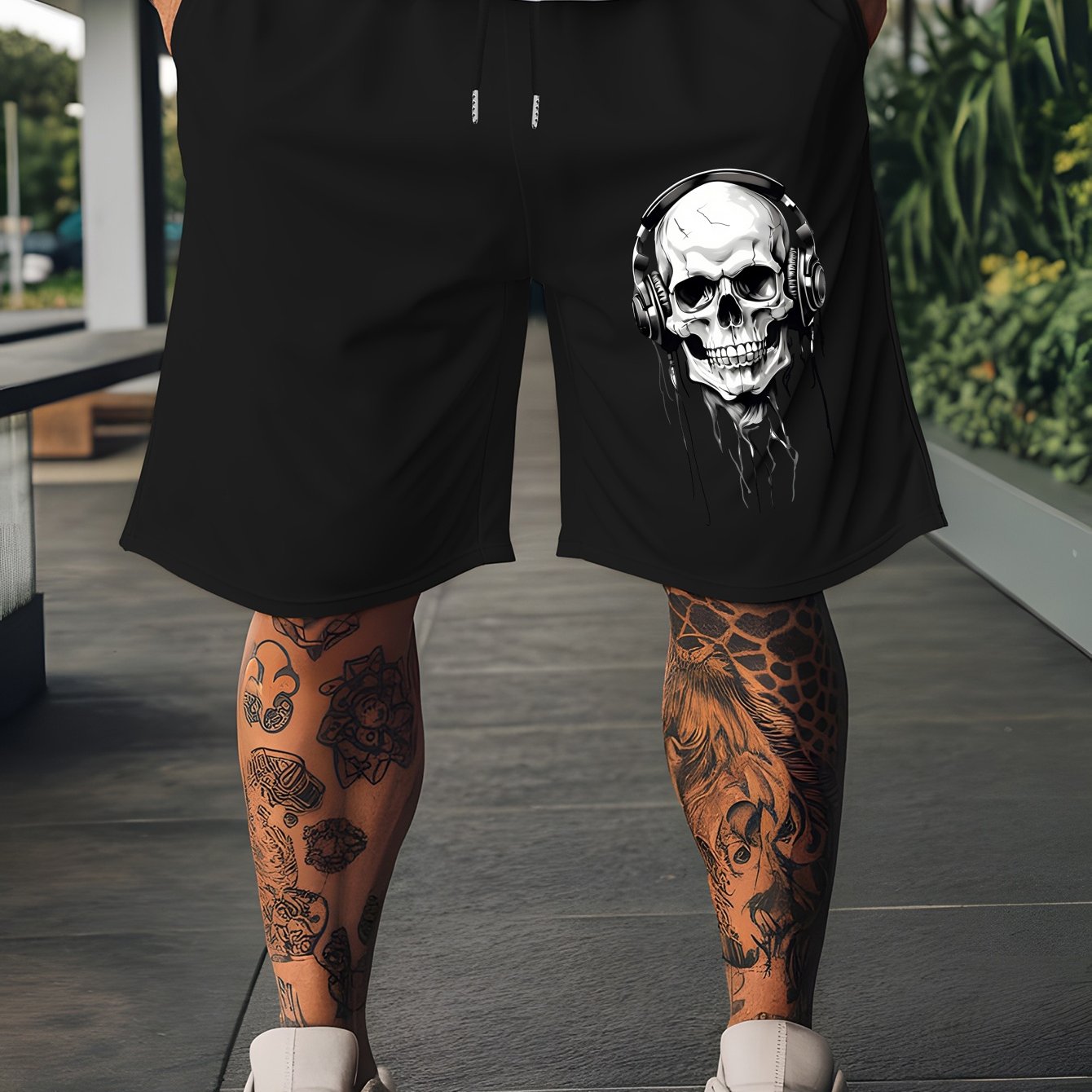 TEMU Music Skull 2026 Summer Outdoor Sports And Leisure Plus Size Shorts Fashion Trend Men's Casual Solid Color Waist Drawstring Shorts, Suitable For