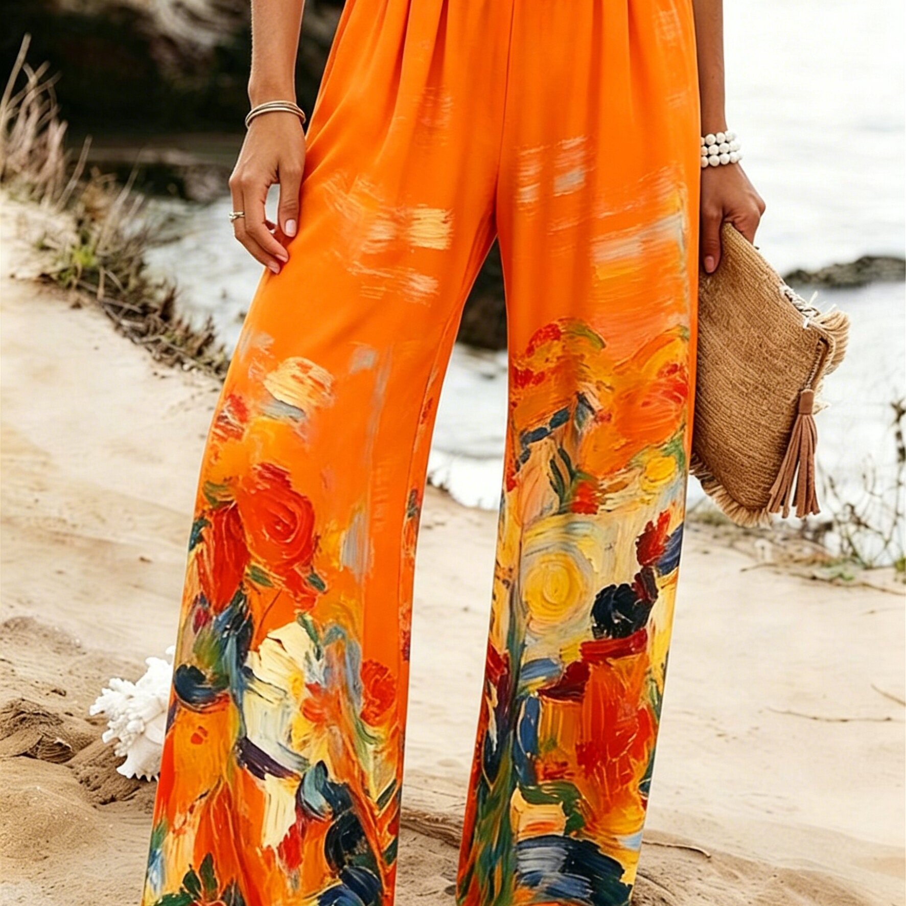 TEMU Painting-style Floral Print Wide-leg Pants For Women, Loose And Flowy, European/ Casual Trousers
