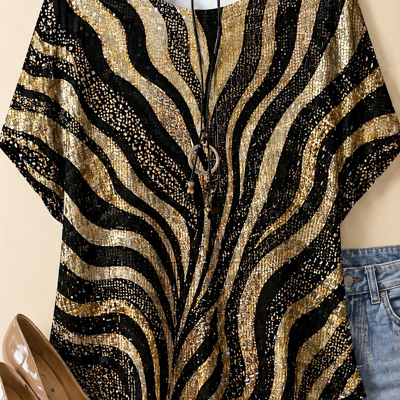 TEMU Plus Size, Women's Plus Size T-shirt - Oversized Short Sleeve Round Neck Zebra Stripe Top | Soft Breathable Fabric | Black & Print | Casual