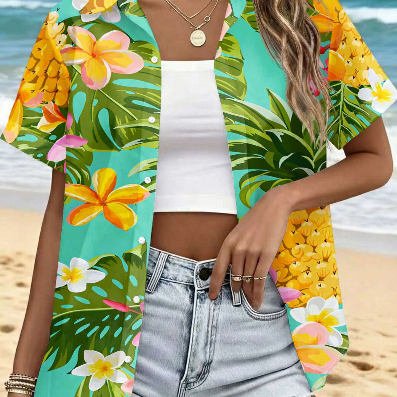TEMU New Women's Short-sleeve Shirt With Base Featuring A Pineapple And Colorful Tropical Flower Flat Print Design, A Versatile Casual Top For Daily