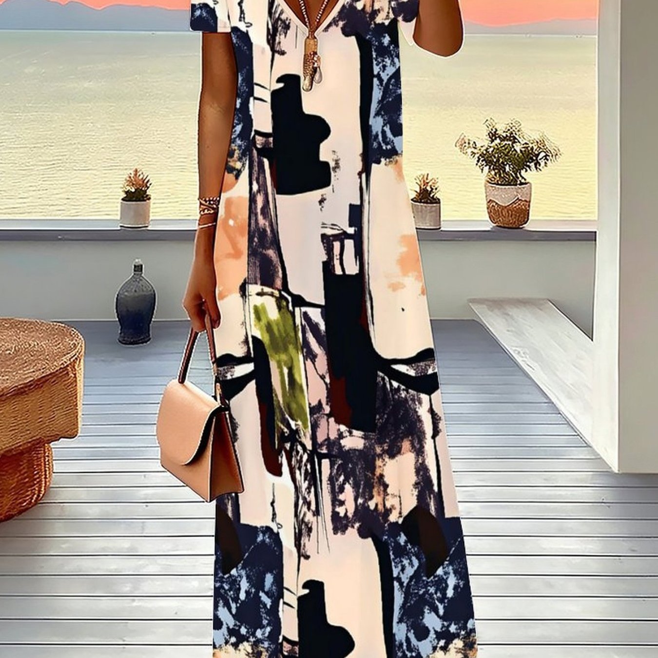 Spring And Summer Women Are Comfortable, Fashionable, Elegant V-neck Short-sleeved Long Skirt Pattern Printed Design Suitable For Daily Life, Home, Leisure, Commuting, Shopping, Parties And Camping