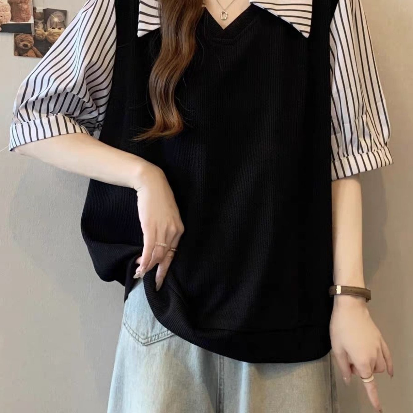 TEMU 【大きいサイズ】プラスサイズ - 大きいサイズ 春夏 アカデタイル デザイン感 ファッション 薄手ストライプ トップス スプライシング フェイクツーピース 半袖シャツ