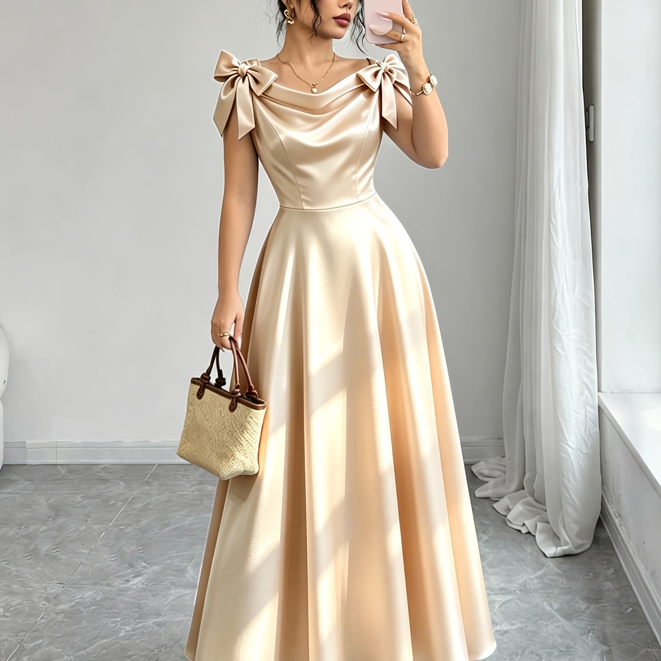 TEMU New Women's Satin Sleeveless Suspender Dress With Bow Decoration, Elegant And Casual Midi Dress For Holiday Parties And Christmas Outfits