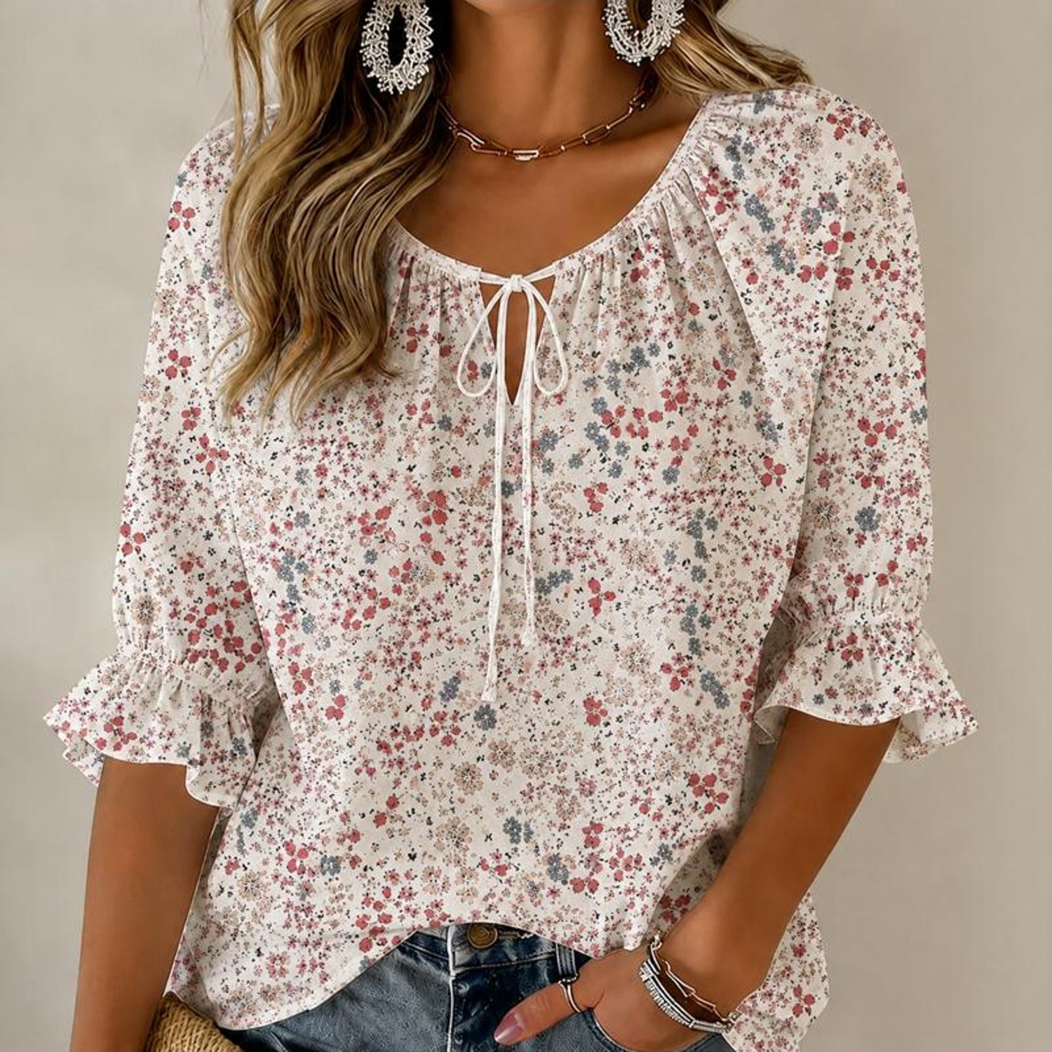 TEMU Ditsy Floral & Women's Round Neck Lace-up Flared Mid Sleeve Shirt Ditsy Floral Round Neck Tie Front Ruffle Cuff Half Sleeve Blouse Cute