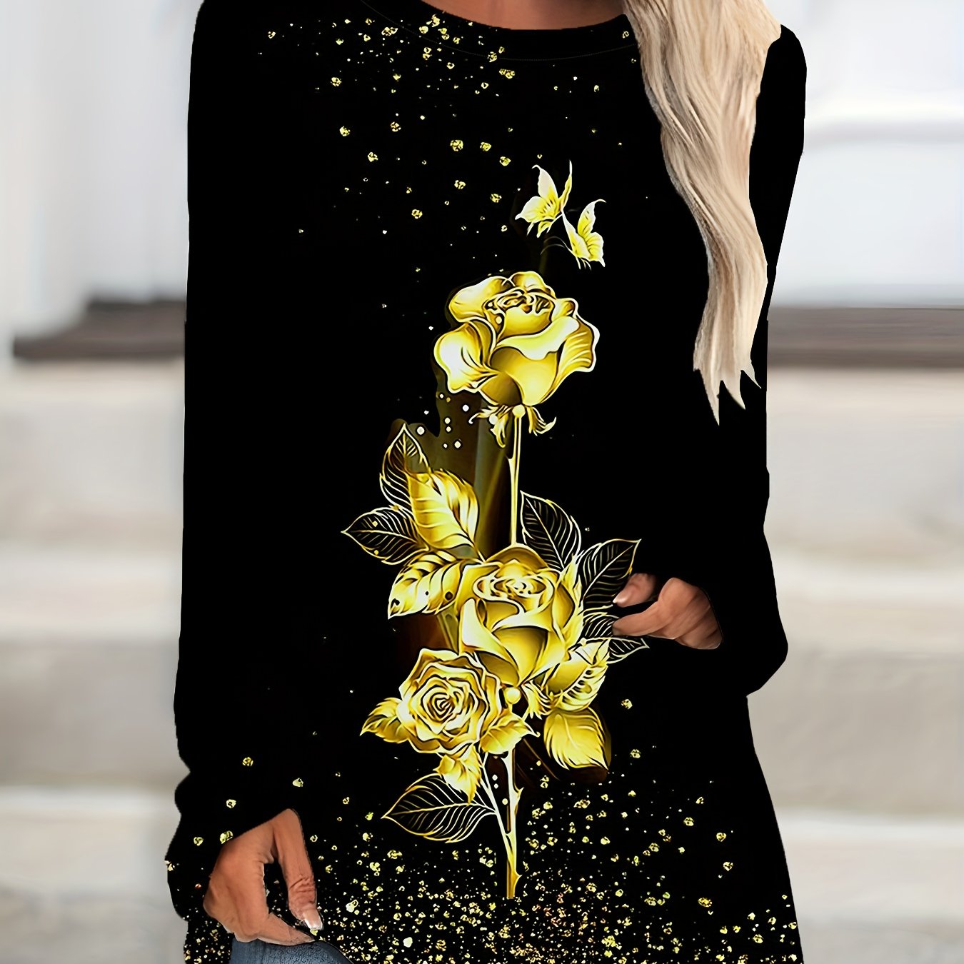 TEMU Collections Automne et Hiver Grande Taille - T-shirt Femme Col Rond Manches Raglan, avec un Imprimé Rose Doré et Papillon Doré, offrant un Style