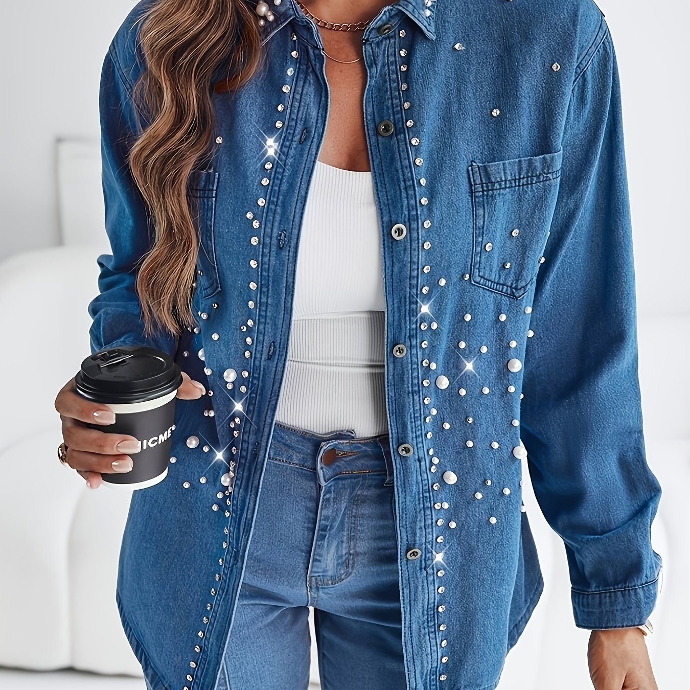 TEMU Women's Denim Jacket With Pearls And Diamonds For Spring/summer 2026, Stylish And Sophisticated, Unique Denim Top, Basic And Standard Size