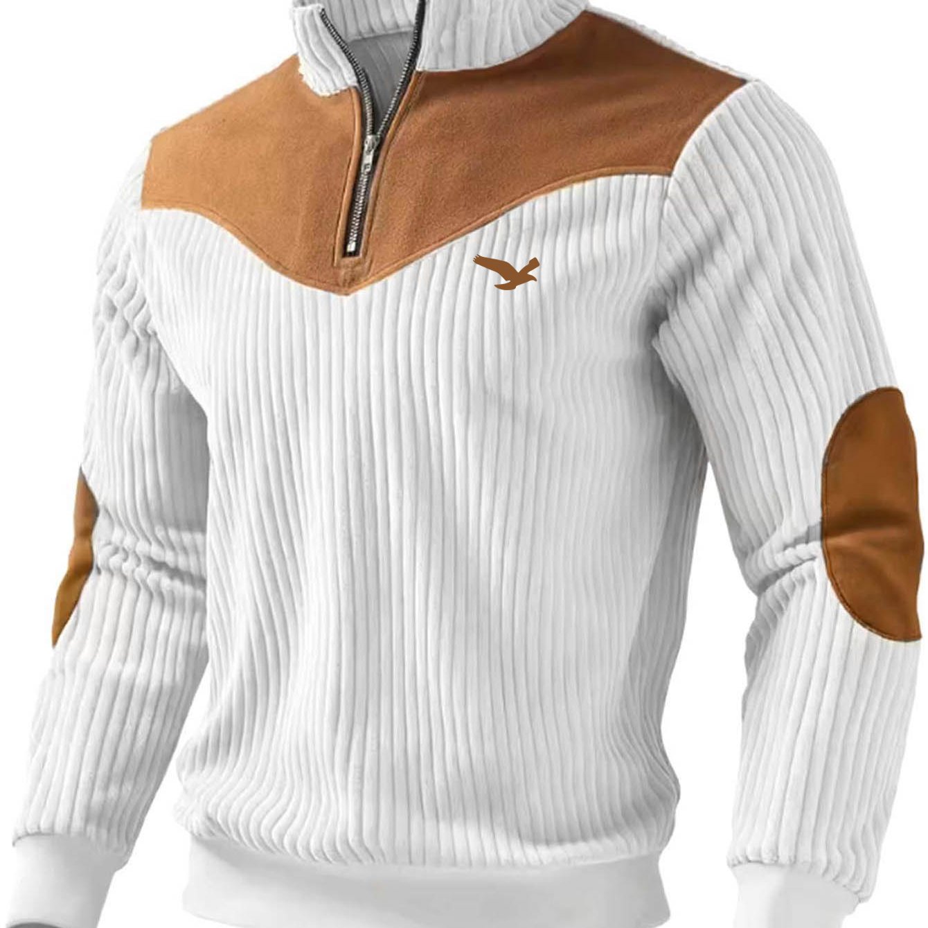 TEMU Christmas Men's Gift, Premium Men's Stand Collar Pullover, Autumn Winter Warm Half-zip Solid Color Spliced Ribbed Vintage Street Pullover