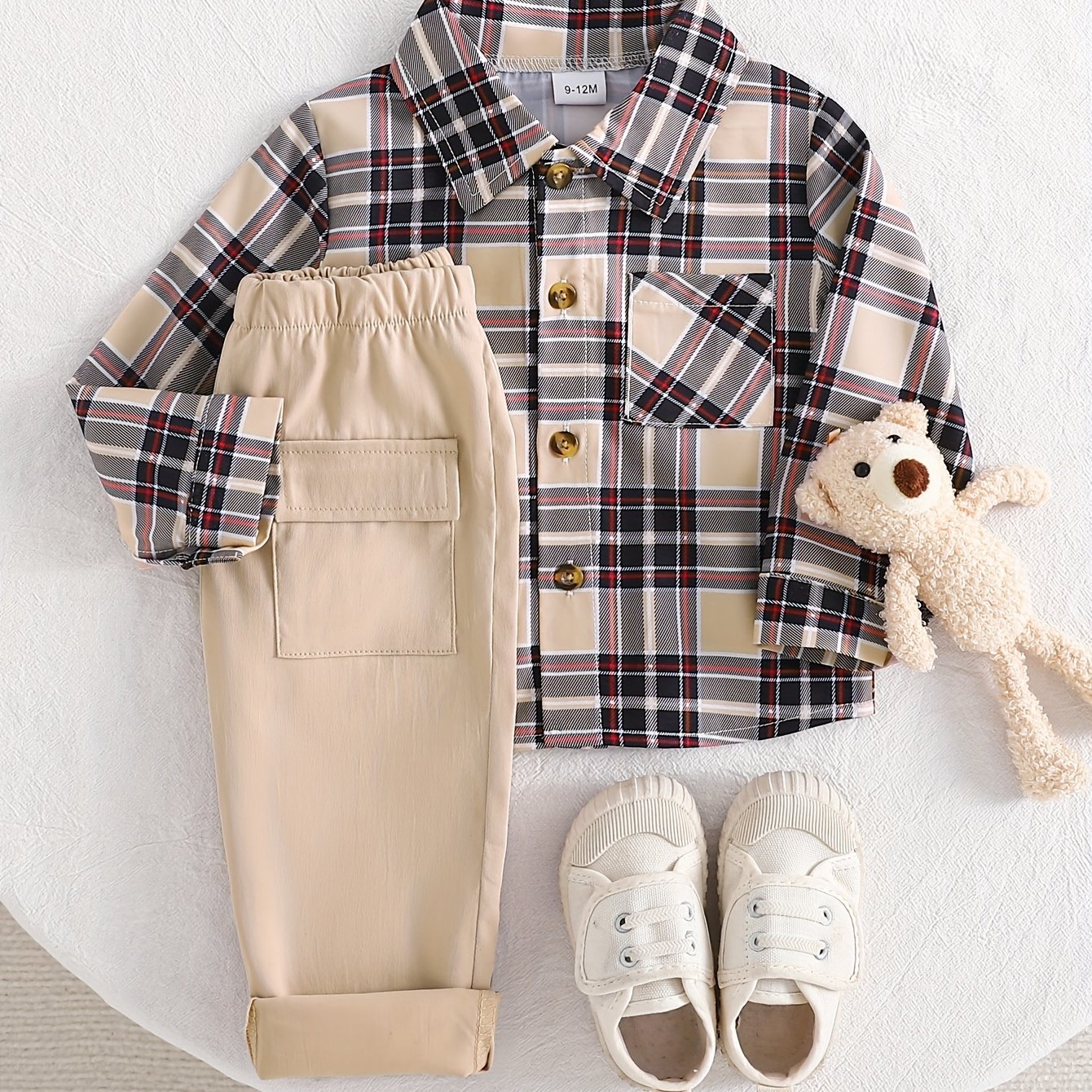 Image of Spring And Autumn Casual Striped Shirt With Cuff Links And Chest Pocket + Solid Color Double Pocket Overalls, For Outdoor, And Clothes, Christmas, Halloween