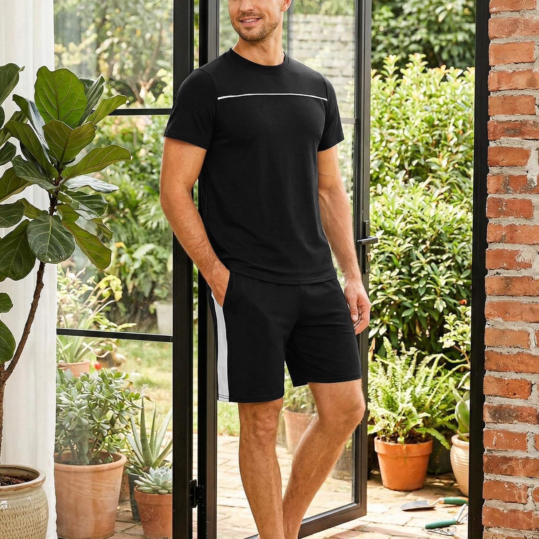 Men's Short Pyjama Set Summer 100% Cotton Short Sleeve Sleepwear Loungewear 2pcs T-shirt And Crew Neck Shorts M-xxl