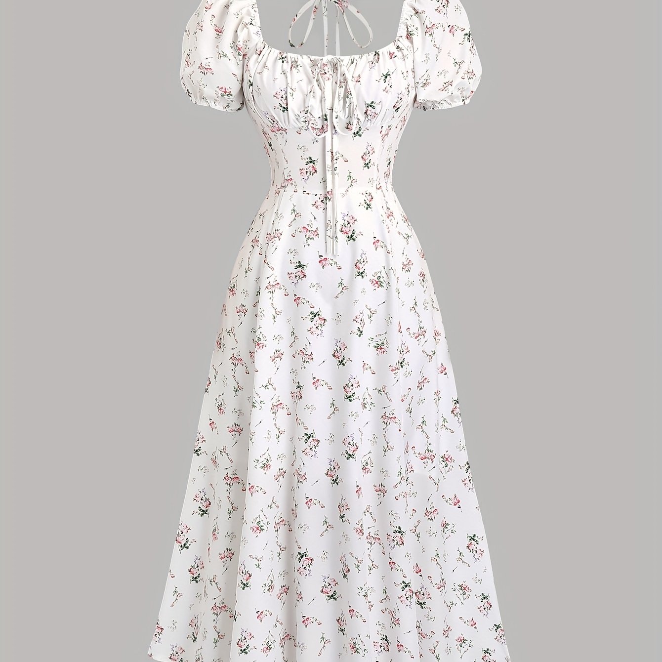 E-shop Romantisches Kleid mit Blumendruck, süßes Date- & Ausgehkleid für Damen, vorne, in der Mitte & hinten zum Binden, quadratischer Ausschnitt,