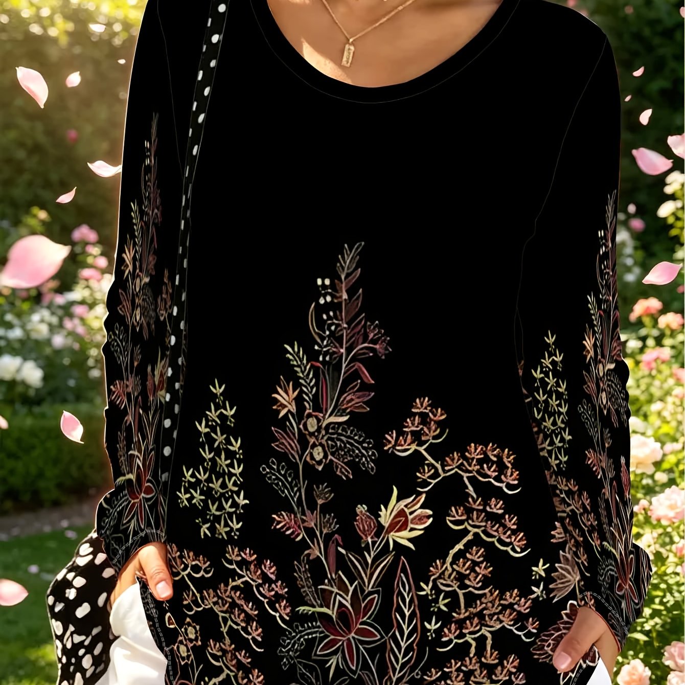 TEMU Plus Size Casual Women's Black Loose Long Sleeve Top, Women's Fashion Casual Printed T-shirt, Elegant Ethnic