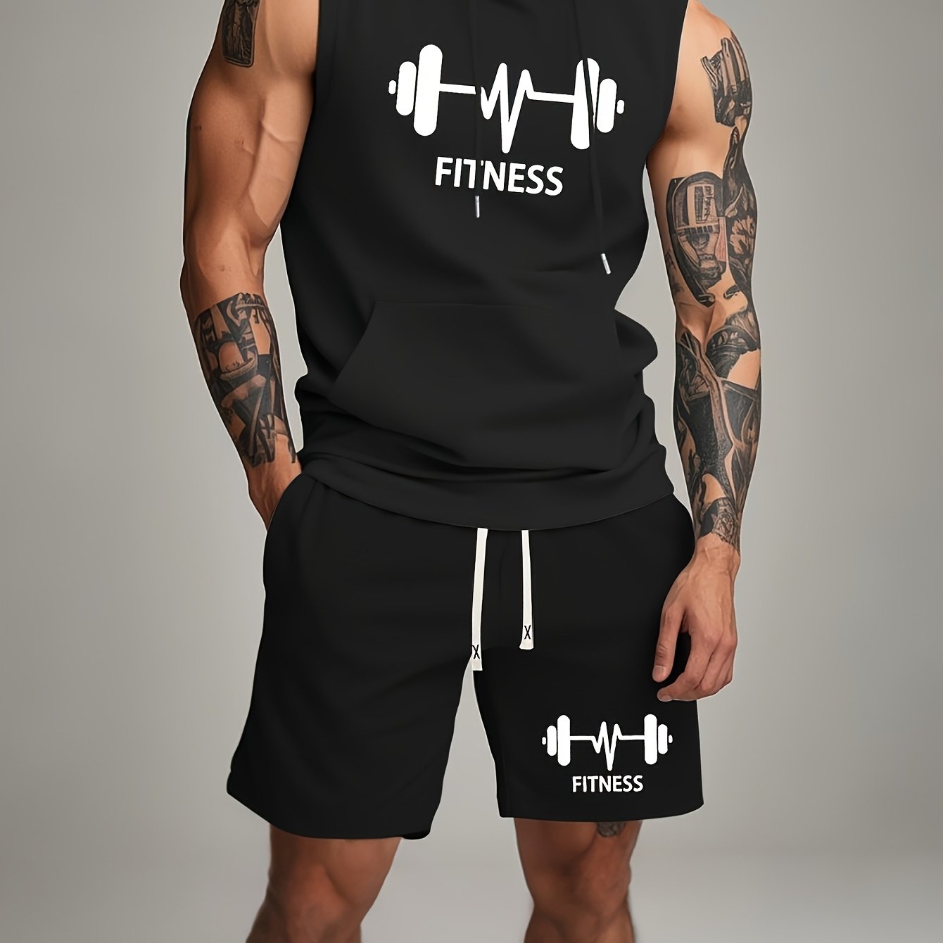 TEMU Summer Streetwear Brand Vacation Simple Stretchy Printed Minimalist Sporty Casual Full-body Hooded Tank Top And Shorts Set, Gym Shorts, Gym Set,