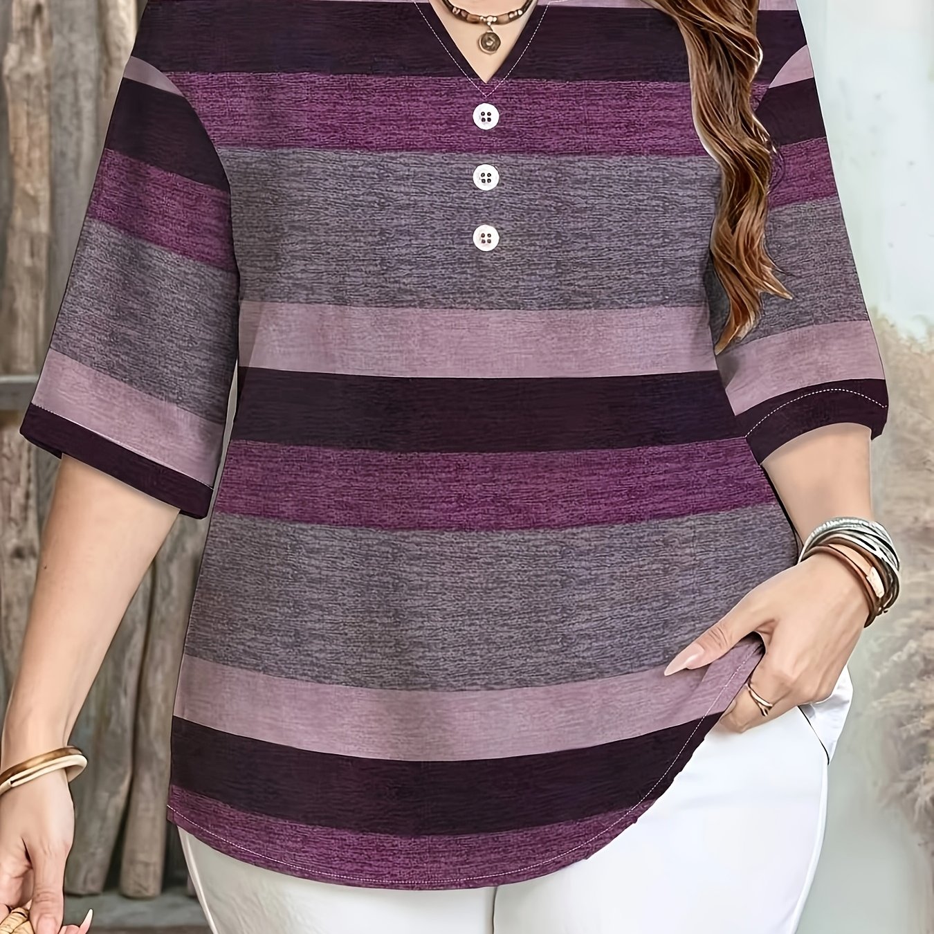 TEMU Printed Design â Not Textured: Women's Elegant Color-block Striped Floral Three-quarter Sleeve T-shirt, V-neck Lightweight Top With Stylish