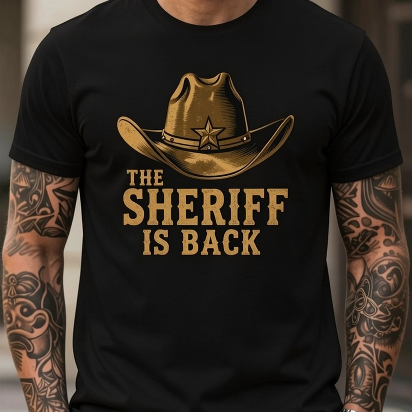 TEMU Plus Size Men's T-shirt With Cowboy Hat And Sheriff Theme | Casual Crew Neck, Stretch Fabric, Regular Fit, Print Pattern
