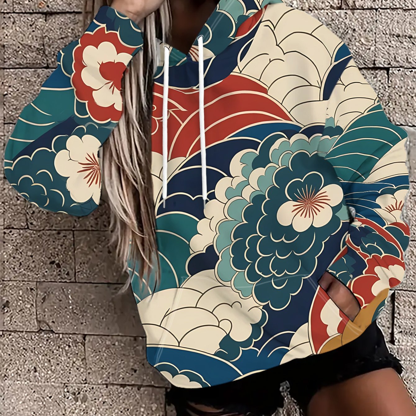 TEMU Women's Hoodie Featuring Japanese -e Floral And Wave Prints, Made From Fabric. It Has A Trendy Drawstring Design, Making It A Stylish And