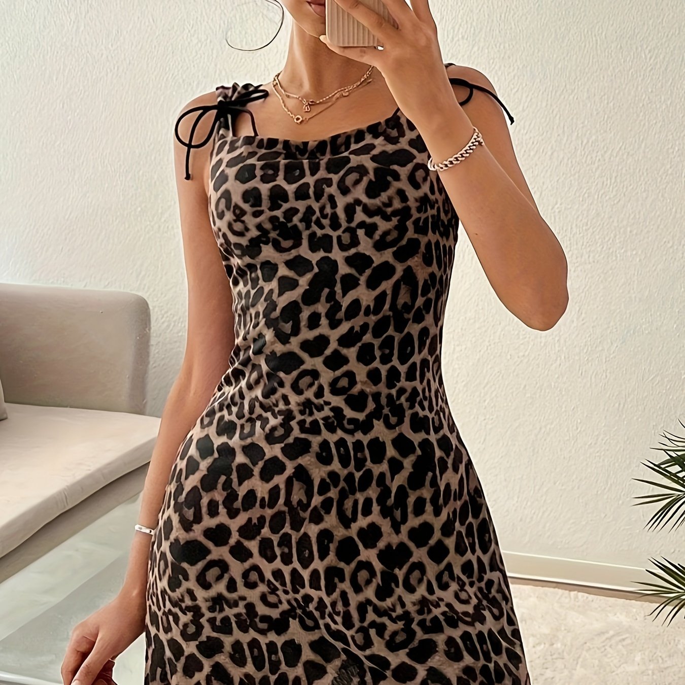 Chic Leopard Print Mesh Mini Dress For Women - Sleeveless, Stretchy Polyester, Machine Washable, Leopard Print