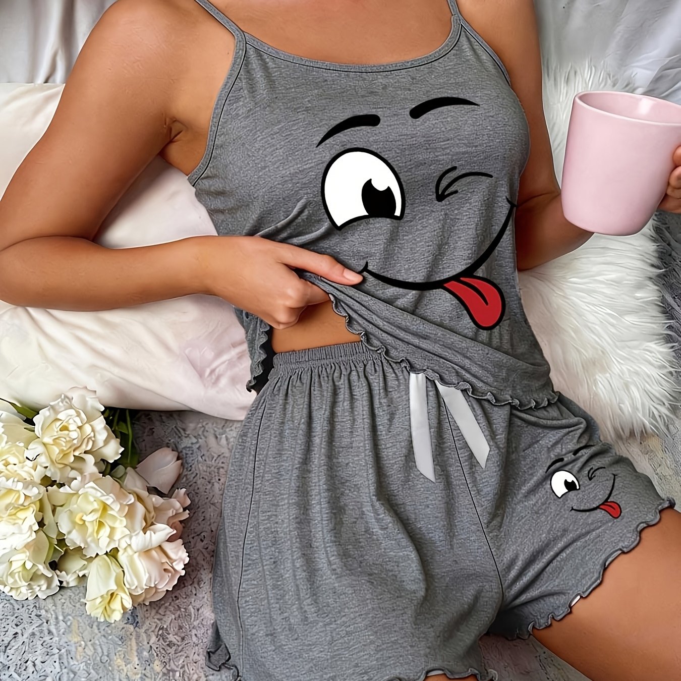 Cartoon Cute Print Cami Shorts Pajama Set Women's