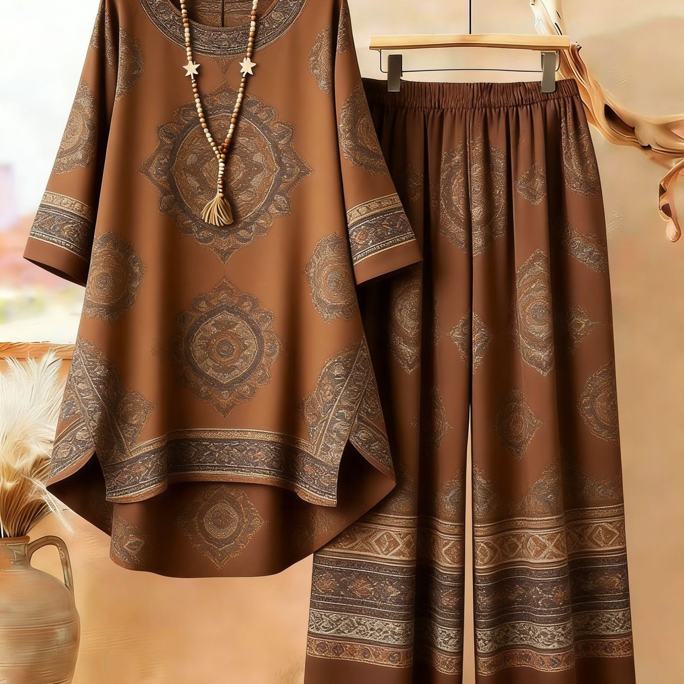 TEMU Plus Size, Plus Size Cozy 2pcs Loungewear Vintage Boho Mandala Print Loose Half Sleeve Shirt Elastic High Waist Soft Wide Leg Pants Daily Home