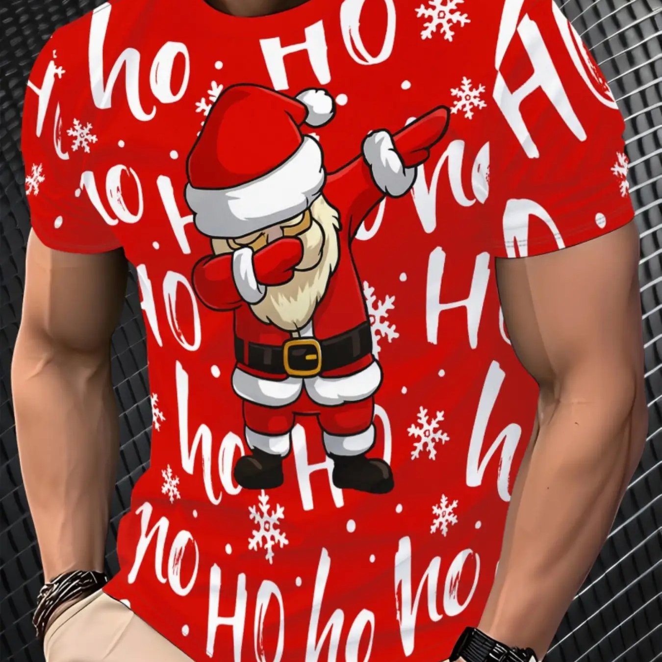 TEMU Men's Christmas T-shirt With Santa Claus And Ho Print- Red And White Casual Holiday Party Outfit, Short Sleeve Crew Neck T-shirt, Machine