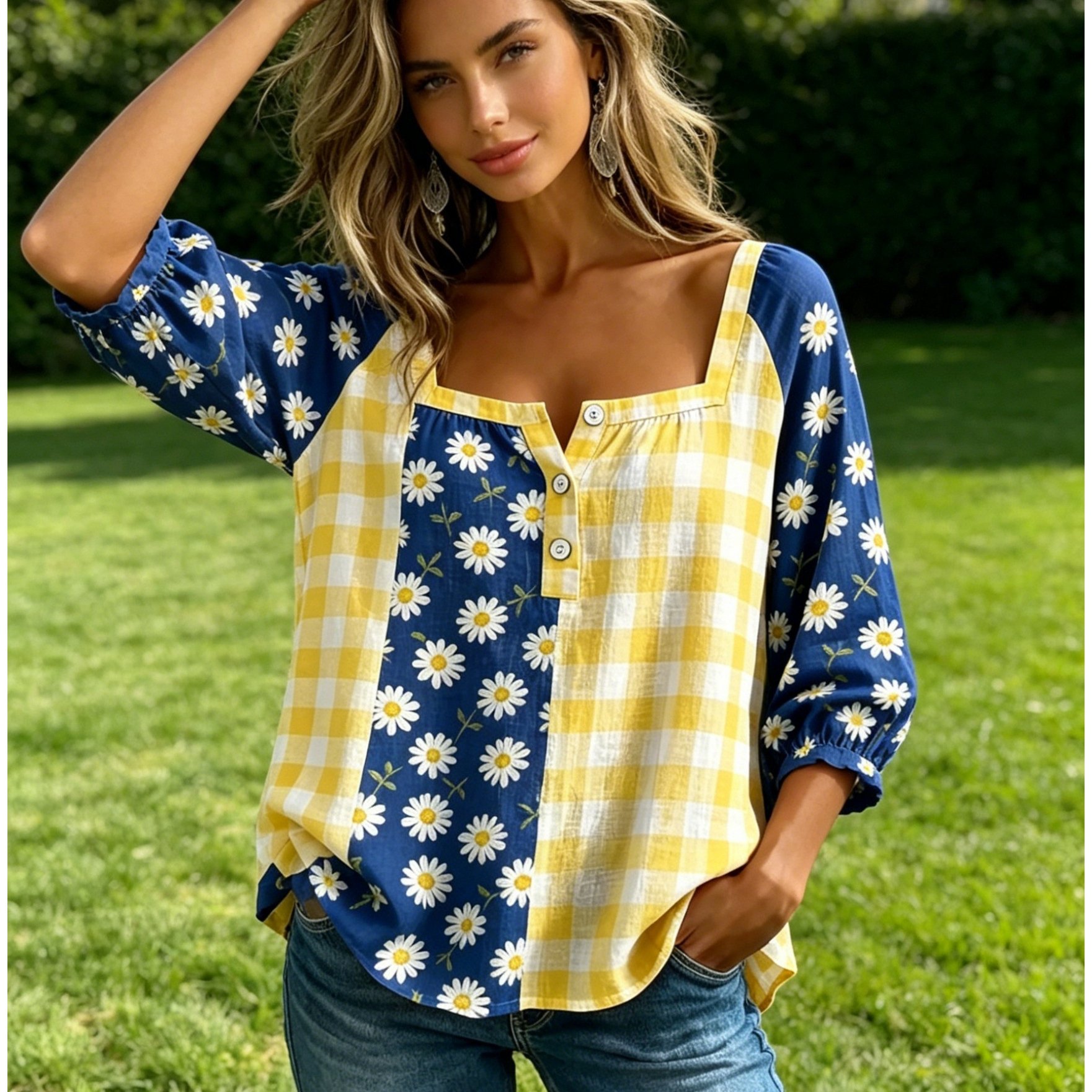 Plus Size - Plus Size - 2d Flat Printing Plus Size Summer Women's Color Block Square Neck Button Blouse Casual Daisy Floral Print 3/4 Puff Sleeve Boho Shirt