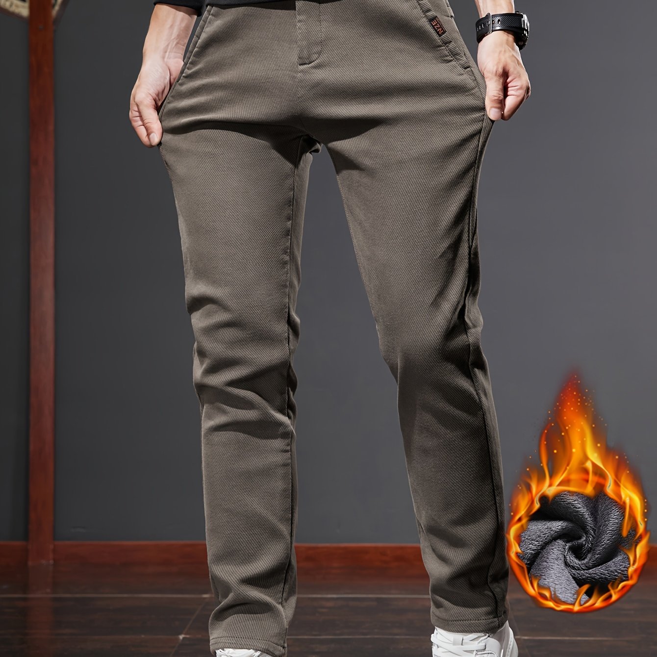 TEMU Men's Warm Fleece Semi-formal Straight Leg Pants For Fall Winter Business