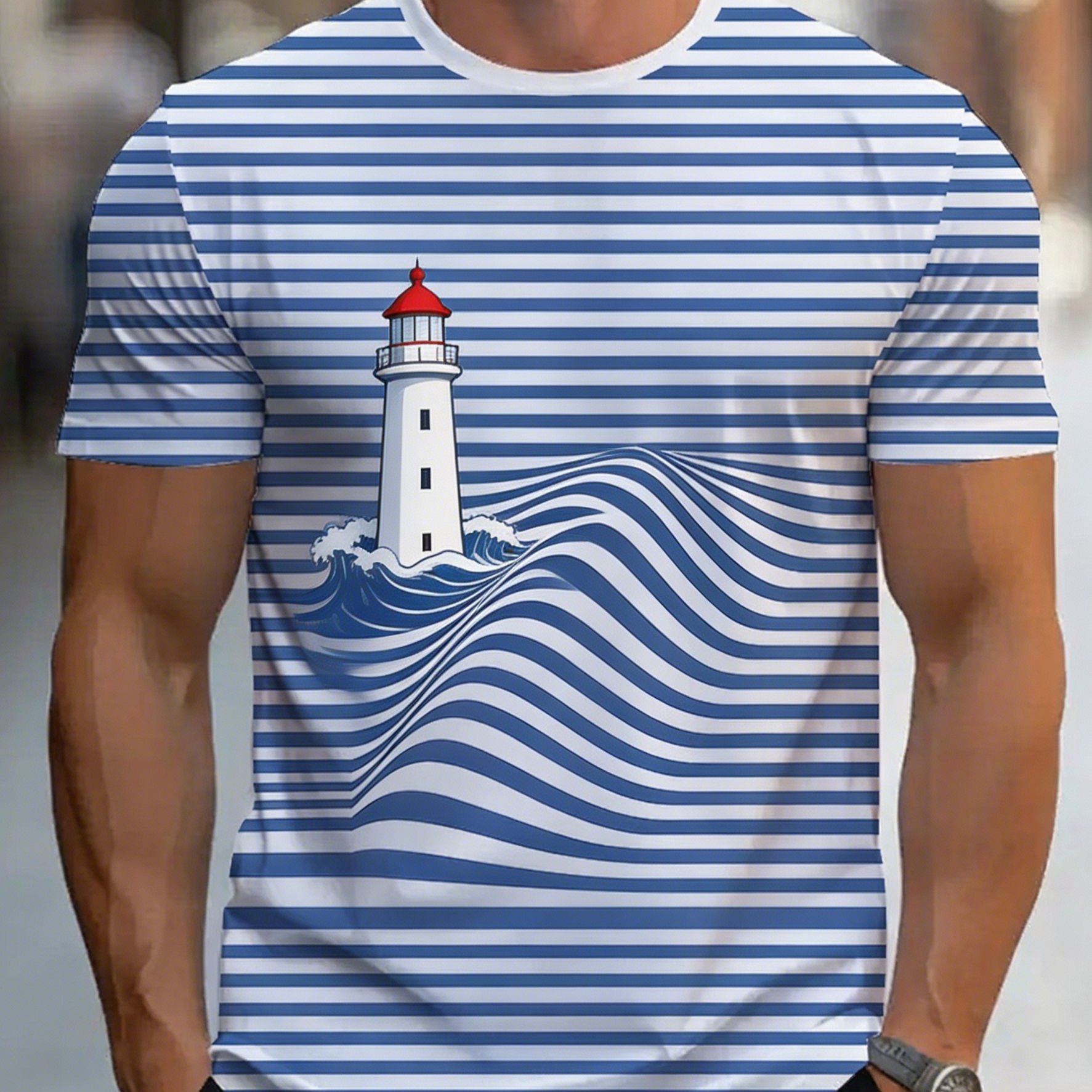 TEMU Navy-style Striped Lighthouse Print Short-sleeve T-shirt, Fresh Men's Tee, Casual Versatile Plus-size Men's Short-sleeve T-shirt, Extra-large