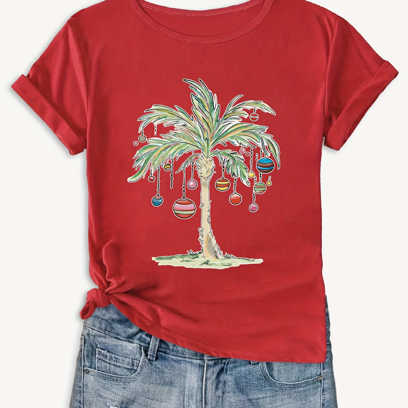TEMU Women's Christmas Palm Tree T-shirt, Red Loose Fit Casual Summer Tee, Festive Holiday Top