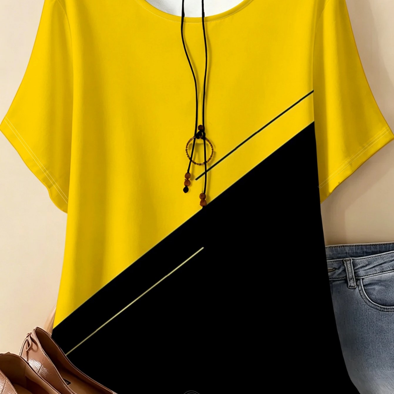 TEMU Women's Plus Size Round Neck T-shirt, Yellow Black Diagonal Stripe Color-block Round Neck Short Sleeve T-shirt, Easy Modern Plus Size Top