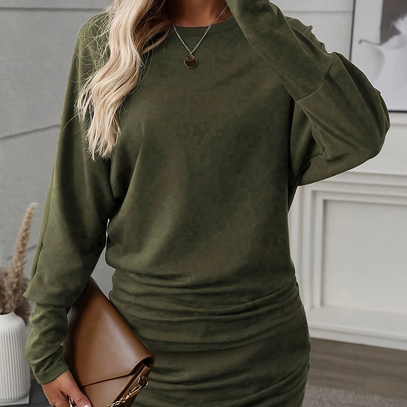 TEMU Women's Autumn/winter Casual Long Sleeve Batwing Sleeve Ruched Hem Cropped Dress