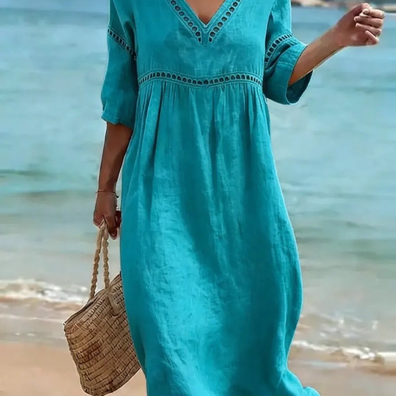 TEMU New Women's Summer Clothes, Stylish Solid Color V-neck Short-sleeved Openwork Dress, Elegant And Sophisticated Dresses For Lady, Perfect Outfits