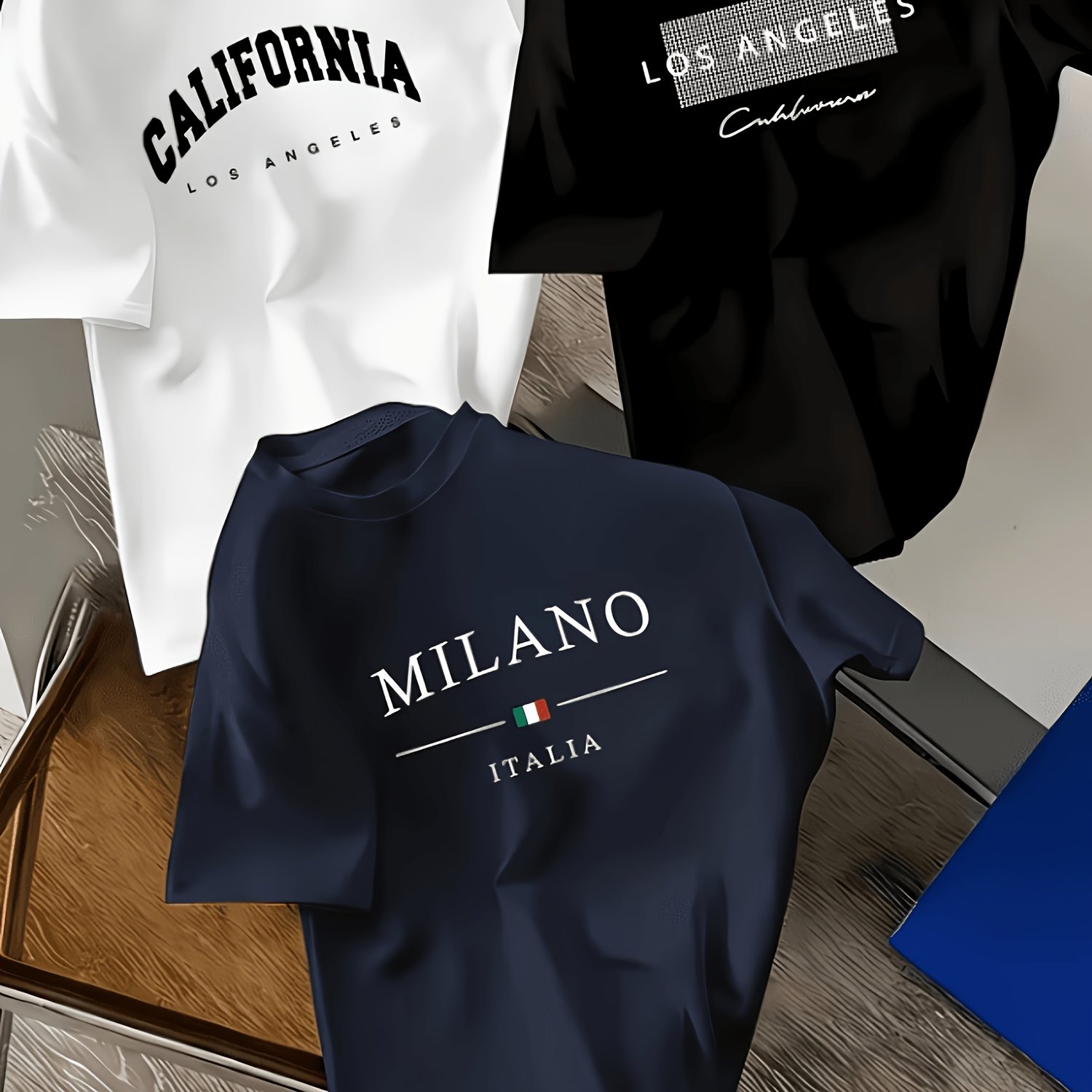 TEMU Men's 3- Themed Graphic T-shirt Set, 100% Polyester Crew Neck Tees With California, Los Angeles & Prints For Travel, Casual & Everyday Wear