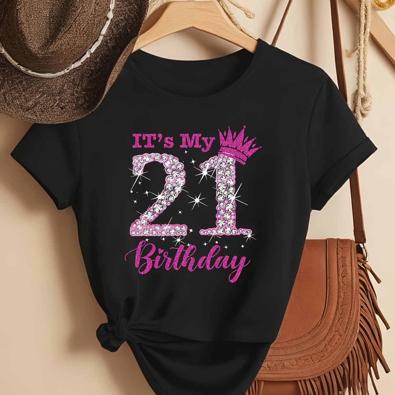 TEMU A New Summer Women's Soft Crew Neck Short-sleeved T-shirt With A "happy 21st Birthday" Print, Fashionable And Versatile, Suitable As A Gift For