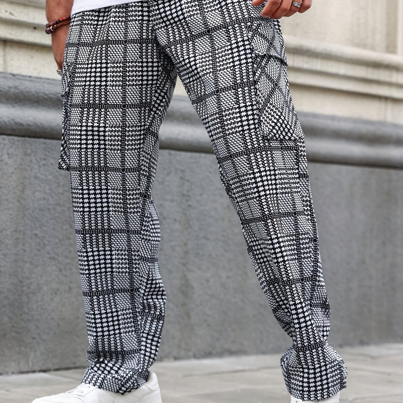 TEMU Men's Black And White Plaid Cargo Pants Loose Fit Baggy Trousers Multi-pocket Checkered Trousers Drawstring Waist Streetwear Y2k Fashion Casual