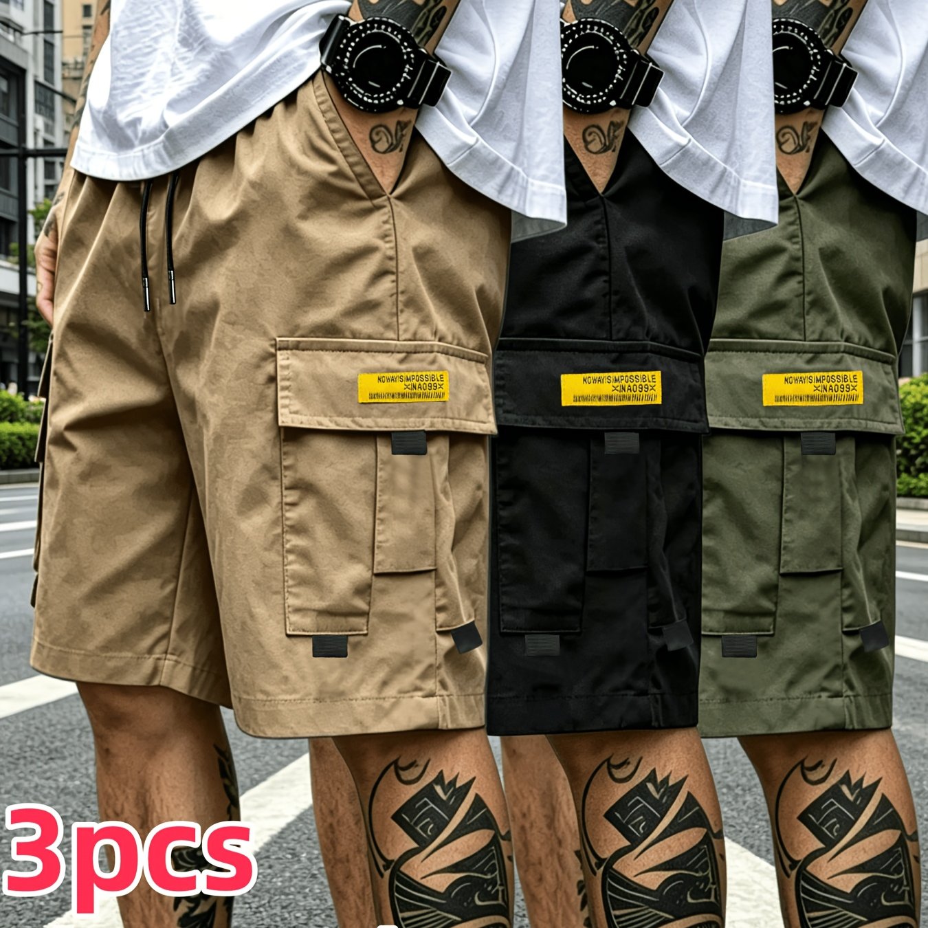 TEMU 3pcs Men's Work Pants And Shorts Set, Elastic Drawstring Waist, Quick-drying Multi-pocket Training Shorts