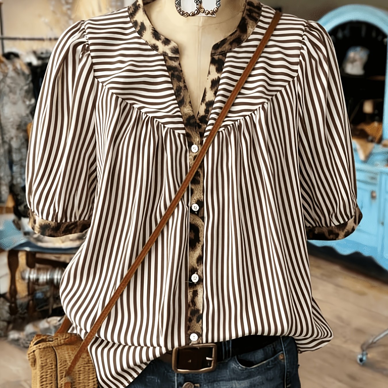 TEMU Plus Size, Plus Size Women's Leopard Print Striped Shirt, Casual And Elegant , Suitable For Spring, Summer, And Autumn Women's Tops