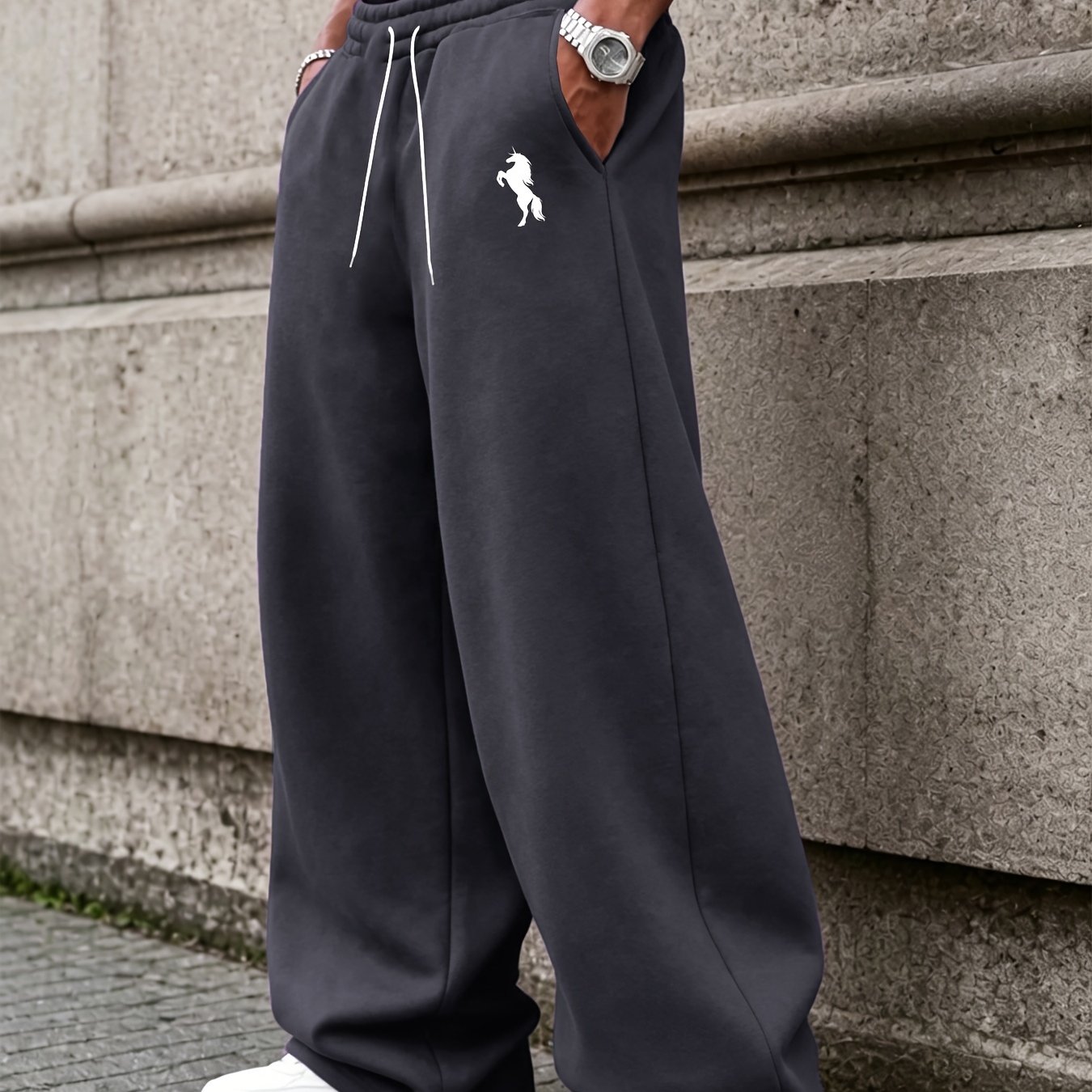 TEMU Men' & Women' Logo Wide-leg Sweatpants - Elastic Waist Loose--length Pants Suitable For Summer, Casual Athletic Wear, Gym,, Machine Washable