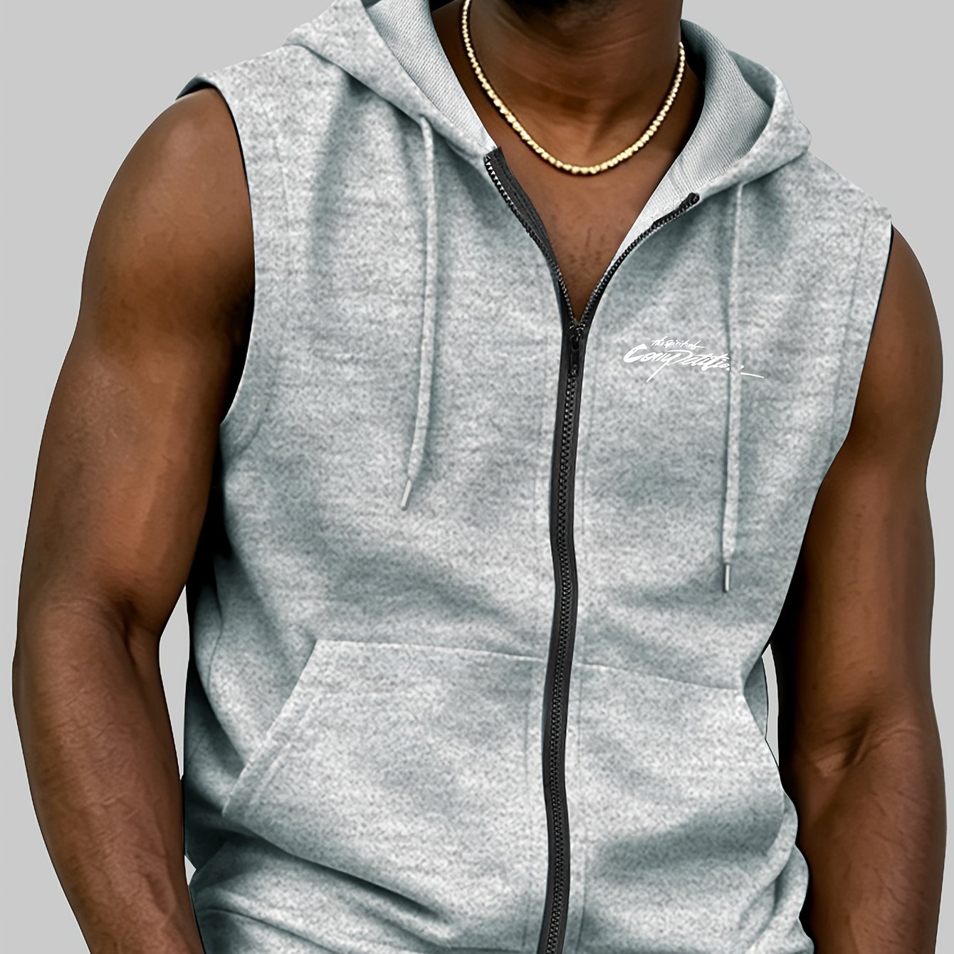 TEMU Trendy Men's Sleeveless Zip-up Hooded Athletic Casual Vest, Sleeveless Design, Easy Handwritten Signature Small Label Top, Minimalist Low-key