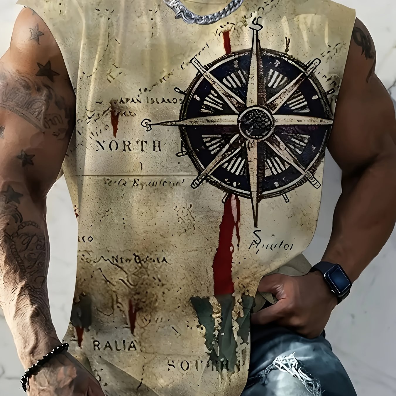 TEMU Men's Tank Top, 3d Printed Retro Compass Pattern, , Ideal For Summer Outdoor Activities, Sports And Beach Vacations
