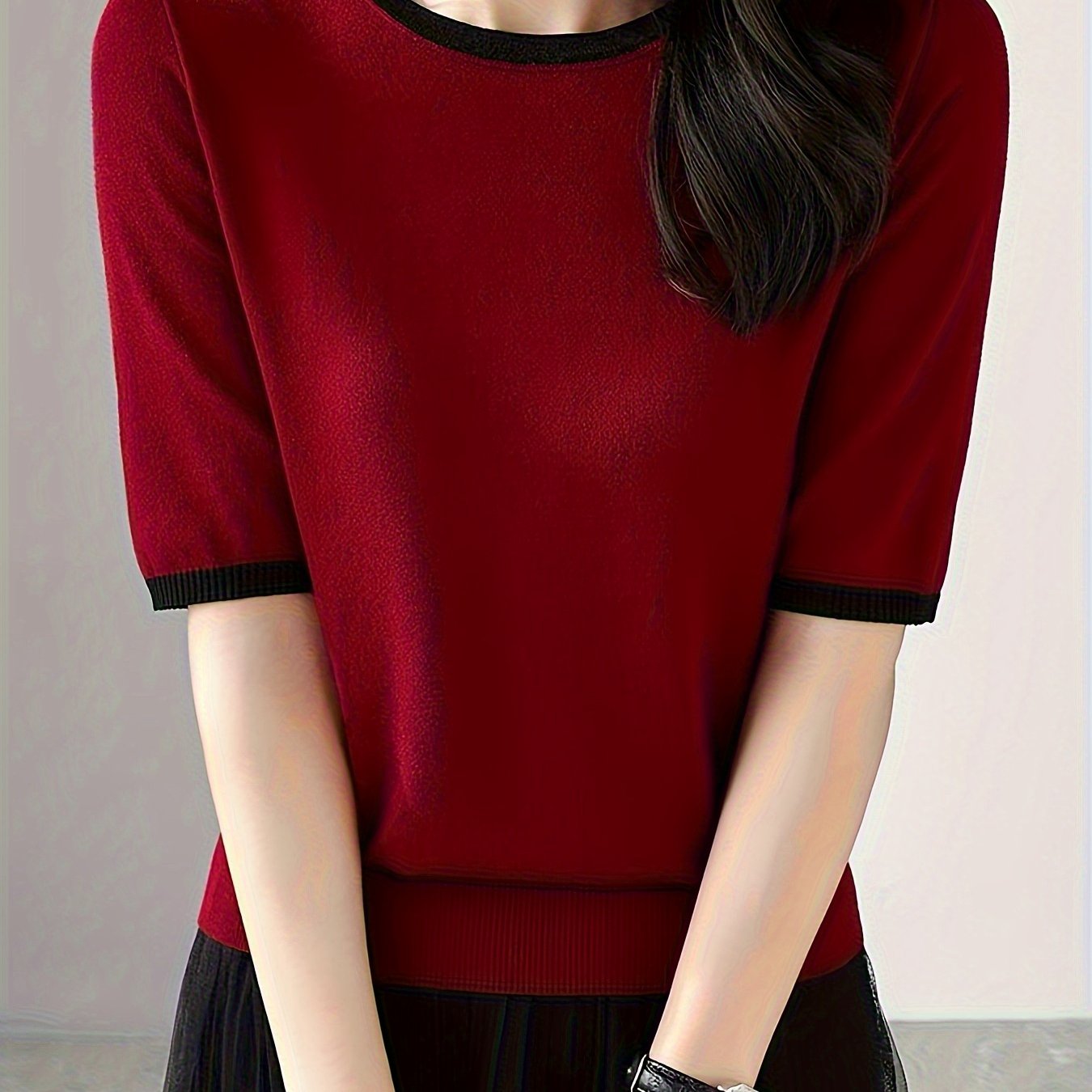 TEMU Nouveau haut d'été pour femme à col rond et manches courtes, pull rouge simple, ample et polyvalent, à manches courtes pour femme