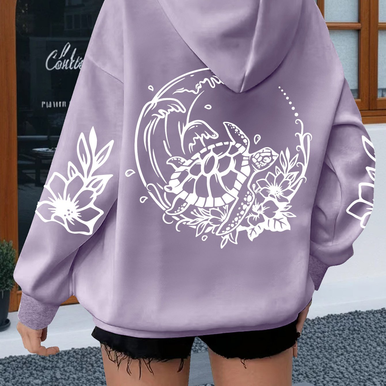 TEMU Plus Size Women's Hooded Sweatshirt, Vine Floral Turtle Print
