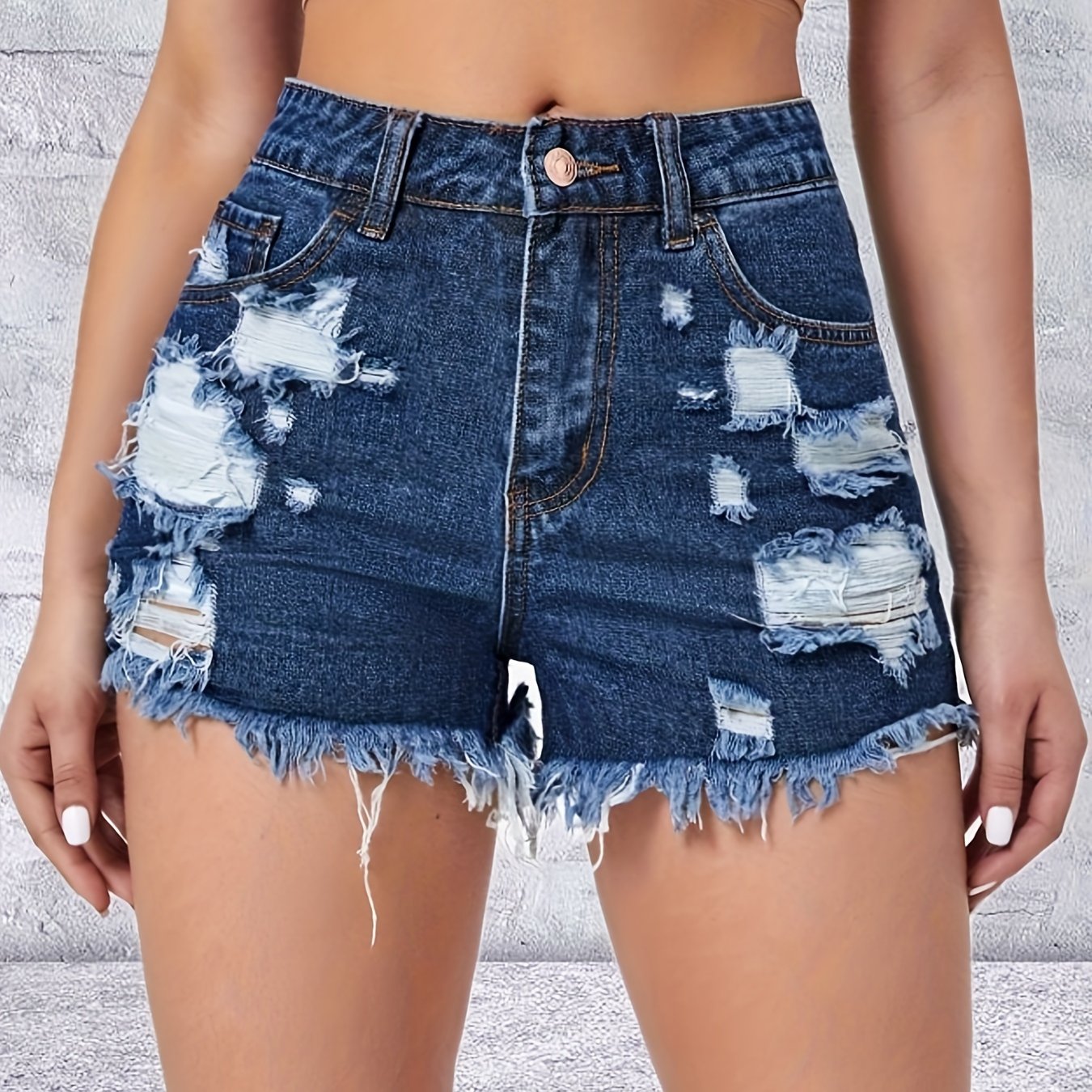 TEMU Ripped Distressed Hot Denim Shorts,   Hem Pocket Washed Blue Denim Shorts, Women's Denim Jeans & Clothing